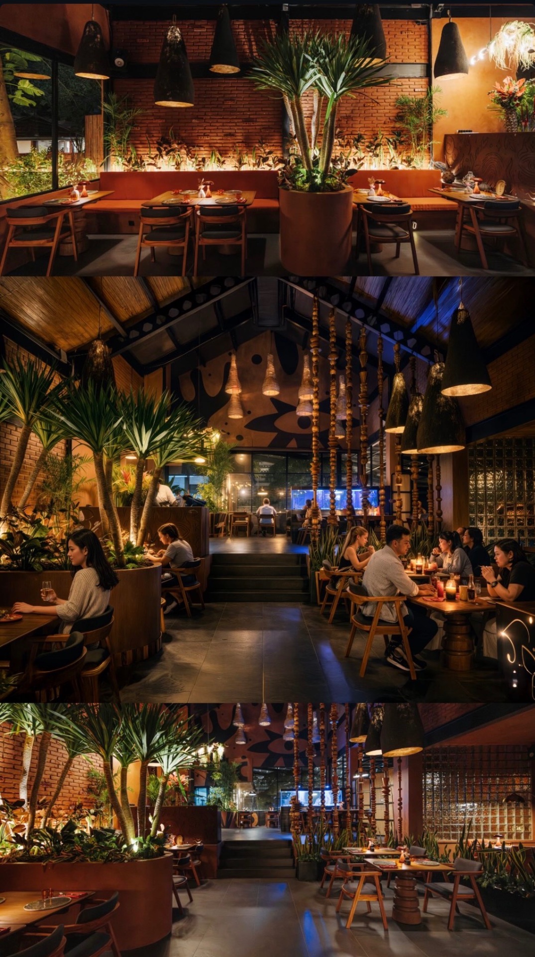 FERRO Grill interiors — brick, carved lanterns and tropical greenery